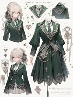 an anime character is wearing a green coat and dress with silver details on the collar