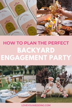 an image of a backyard engagement party with pink and yellow decorations, flowers and plates