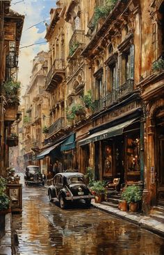 an oil painting of a city street with cars parked on the side walk and people walking down the sidewalk