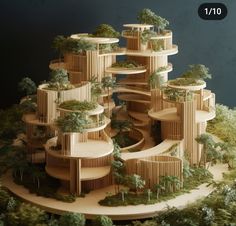 a model of a building with lots of trees on the top and bottom floors in front of it