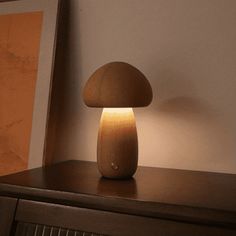 a mushroom shaped lamp sitting on top of a wooden table next to a framed photograph