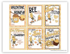 four different valentine cards with bees and honeybees in the middle, one for each card