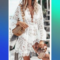 Boho Chic Mini Lace Dress Elisa for just $39.99. #dress #boho #me #art #summer #bohemian #bohooutfit #bohoskirts #bride #picoftheday Lace Bathing Suit, Mini Dress Fashion, White Lace Dress, Trend Fashion, Cover Up Dress, Beach Dress, Long Sleeve Lace, Day Dresses, White Lace