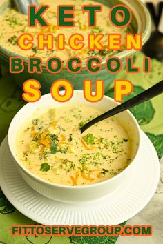 broccoli soup in a white bowl on a green placemat with the words keto chicken broccoli soup