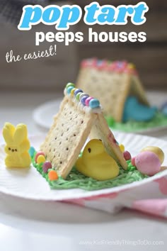 a paper plate that has some kind of house on it with peeps in the grass