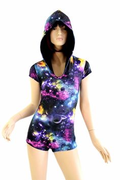 "This item is made to order, please read all the way through the listing before purchasing! This suit is a Coquetry Classic! It is made of stretchy spandex in an out of this world galaxy print that glows neon under UV lights. Cap sleeves, full hood, and boy cut legs. Four way stretch for a figure forming fit. This bodysuit is unlined, the hood is lined in black zen soft knit. Final pic shows suit under blacklight. Womens Sizing (See below for instructions on where measurements should be taken) X Solo Dance Costumes, Solo Dance, Galaxy Hoodie, Hoodie Romper, Spandex Bodysuit, Boy Cut, Tank Leotard, Spandex Dress, Galaxy Print