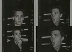 four black and white photos of young men with different facial expressions, one man making a surprised face