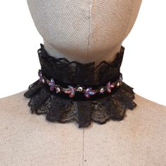 🦋Fashion black ruffle collar with lace and rhinestones embellish  🦋Hand sewn layers, adjustable with silky cords, for perfect fit  🦋One size fits all: 12"  It is perfect to wear with corset, evening or with party costume dress, also a perfect romantic gift.  Please note that due to lighting effects, monitor's brightness, contrast and other settings, there might be some slight differences in the color tone/shade of the website's photo and the actual item. Item photos are enlarged to show detai Gothic Choker For Party, Black Rhinestone Party Choker, Gothic Party Choker, Party Black Choker With Rhinestones, Party Black Rhinestone Choker, Elegant Costume Jewelry Choker, Elegant Black Choker With Rhinestones, Elegant Black Rhinestone Choker, Victorian Choker Necklaces For Party