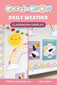 a white refrigerator freezer sitting next to a pink and yellow sign that says, good to grow daily weather classroom display