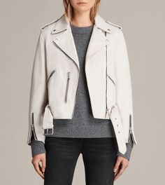 AllSaints Women’s Balfern Leather Moto Biker Jacket White Size 4 US $529 NEW. Jacket is brand new without tags. 100% authenticity guaranteed. Shipped with USPS Priority Mail. Sold out in this color Jacket measures about 16 inches from underarm to underarm and about 19 inches in back length. From NORDSTROM: DETAILS & CARE Rock a classically cool look with this buttery-soft leather moto jacket featuring silvertone hardware and a buckle belt to adjust the fit. Asymmetrical front-zip closure Notched White Leather Jacket Outfit Winter, White Leather Jacket Outfit, Leather Jacket Outfit Winter, Navy Leather Jacket, All Saints Leather Jacket, Moto Jacket Outfit, Winter Jacket Outfits, Fashion Outerwear, White Leather Jacket