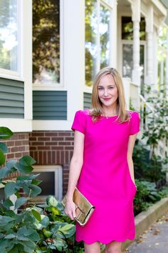 Pink scalloped dress Outfit Magenta, Preppy Fall Fashion, Preppy Inspiration, Scalloped Dress, Kendra Scott Necklace, Style Savvy, Necklace And Bracelet, Give Back, Fall Fashion Outfits