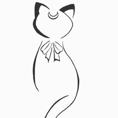 a black and white drawing of a cat with a bow on it's neck