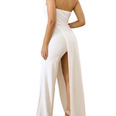 A Gorgeous Twist On The Classic Dressy Jumpsuit! White With One Open Leg And One Wide Bell Leg! Complete With A Sweetheart Neckline! Definite Head Turner! Material: 95%Polyester+5%Spandex Chic Fitted Maxi Length Jumpsuits And Rompers, Elegant Strapless Elastane Jumpsuit For Party, Fitted Floor-length Jumpsuits And Rompers For Date Night, Chic Strapless Jumpsuit For Summer, Fitted Floor-length Strapless Jumpsuit For Party, Chic Strapless Elastane Jumpsuit For Summer, Fitted Strapless Floor-length Jumpsuit For Party, Elegant Stretch Strapless Jumpsuit With Backless Design, Chic Summer Strapless Elastane Jumpsuit