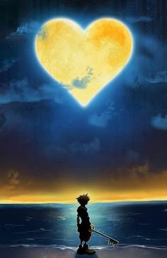 the silhouette of a person standing in front of a heart shaped sky with water and clouds