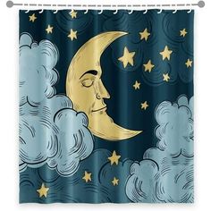 a shower curtain with the moon and stars in the sky on it's side