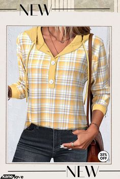 Plus Size Yellow Patchwork Plaid Long Sleeve Hoodie Bandeau Tops, Trendy Tops For Women, Estilo Chic, Winter Tops, Hooded Shirt, Women Hoodies Sweatshirts, Drawstring Hoodie, Hoodie Top, Trendy Tops