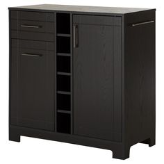 a black cabinet with two doors and three drawers on one side that is open to the other