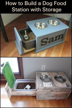 two pictures showing how to build a dog food station with storage for dogs and cats