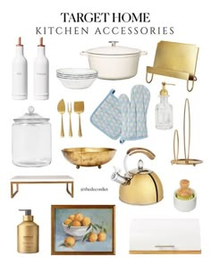 the contents of a kitchen are shown with gold accessories and items to decorate in it