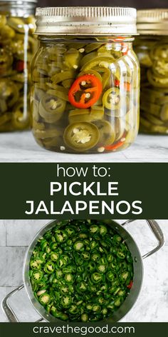 pickle jalapenos in a glass jar with the title how to pickle jalapenos