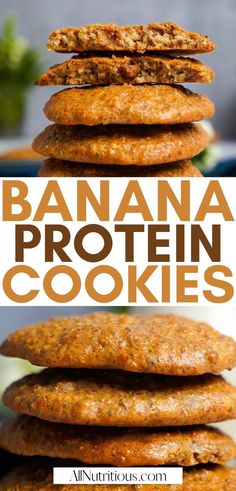 banana protein cookies stacked on top of each other in front of the camera with text overlay