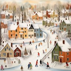 a painting of people playing in the snow with houses on either side and trees behind them