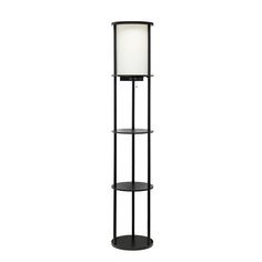 a black metal floor lamp with a white light on the top and two shelves below it