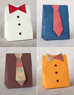 four different types of paper bags with ties and shirts on them, one in the shape of a man's shirt