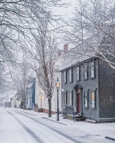 a snow covered street lined with houses and trees