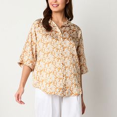 Made from flowy satin, this loose-fit women's button-down from Worthington has a classic spread collar, raglan-style three-quarter sleeves, and a curved hem for easy layering. Wear it over leggings or ankle-length pants.Closure Type: ButtonFit: Regular FitNeckline: Collar NeckSleeve Length: 3/4 SleeveSleeve Style: Raglan SleeveApparel Length: 24.5 InchesFiber Content: 100% PolyesterFabric Description: SatinCollar: Point CollarCare: Tumble Dry, Machine WashCountry of Origin: Imported Button Front Shirt, Three Quarter Sleeves, Three Quarter, Ankle Length, Button Downs, Shirts Tops, Button Down Shirt, Loose Fitting, Leggings