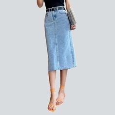 Elevate your summer wardrobe with our 2023 Spring-Summer Collection's 90s-style. long slender jeans skirt! Crafted with a high-waist and stonewashed for a classic. distressed look. this denim masterpiece is the perfect blend of contemporary fashion and nostalgic grunge. With a durable zipper & button closure. you get both functionality and flair.Key Highlights: 90s-inspired Design: Add a classic. effortlessly cool touch to your look. Distinctive Distressed Pattern: Expertly crafted wear and tear Non-stretch Mid-rise Summer Skirt, Non-stretch Mid-rise Skirt For Summer, Non-stretch High Waist Denim Skirt For Summer, Non-stretch Denim Blue Straight Leg Skirt, Non-stretch Light Wash Denim Skirt For Summer, Summer Light Wash Non-stretch Denim Skirt, Summer Non-stretch Light Wash Denim Skirt, Denim Pencil Skirt For Spring, Fitted Light Wash Denim Skirt For Summer