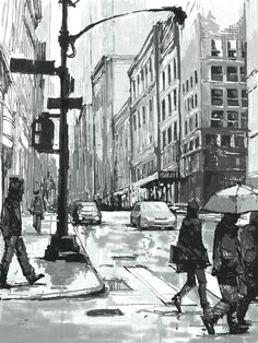 black and white drawing of people walking in the rain with umbrellas on a city street