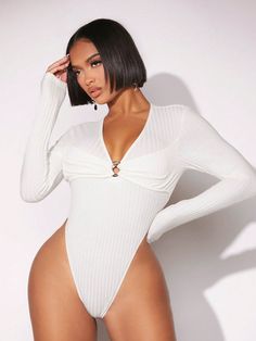 Sexy Clubwear Solid Color Hollow Out Long Sleeve Bodysuit White Sexy  Long Sleeve Knitted Fabric Plain Tee Medium Stretch  Women Clothing, size features are:Bust: ,Length: ,Sleeve Length: Marilyn Melo, Plain Tees, Womens Bodysuit, Sleepwear Women, Long Sleeve Bodysuit, Long Sleeve Knit, Casual Outfit, Jumpsuits For Women, Women Clothing