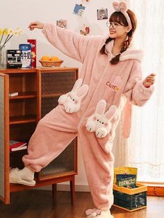 Pink Bunny Fleece Pajamas-Pajamas-ntbhshop Adult Onesies, Bunny Onesie, Estilo Swag, Fluffy Bunny, Cozy Pajamas, Pink Bunny, Sleep Wear, Lazy Outfits, Halloween News