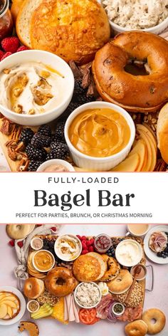 the cover of bagel bar is full of different types of breads and pastries