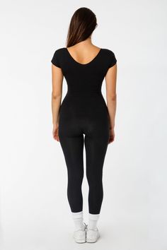 Made in U.S.A. Form-Fitting Ankle Length Soft and Durable Machine Washable Cotton/Spandex Jersey (95% Cotton / 5% Elastane) * All Sales Final. No Returns or Exchanges Allowed. | Cap Sleeve Crossfront Unitard for Women in Black, Size Large Los Angeles Apparel, Usa Outfit, Long Torso, Simple Outfits, Cap Sleeve, Cotton Spandex, Ankle Length, Clothing Items, Cap Sleeves