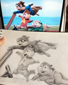 a pencil drawing of three cartoon characters in front of an image of the same character