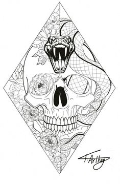 a black and white drawing of a skull with flowers on it's head, in the center of a diamond