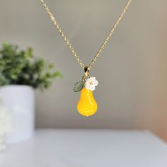 Large pear necklace Yellow Teardrop Necklace For Gifts, Glass Teardrop Pendant Necklace For Gift, Gold Pear-shaped Drop Necklace For Gift, Pear-shaped Yellow Necklace For Gift, Holiday Fruit, Food Necklace, Fruit Wedding, Rain Design, Fruit Necklace