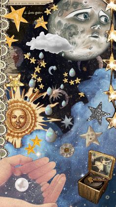 an artistic collage with stars, moon and other things in the sky above it