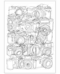 a black and white drawing of many cameras