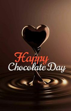 happy chocolate day greeting card with heart shaped chocolate splashing on the water and text