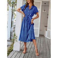 Summer Polka Dot Blue Dress Fabric: Cotton Size: S, M, L, XL Multiple Color Selections: Blue  Season: Spring, Fall, Summer Polka Dot Midi Dress With Short Sleeves For Vacation, Polka Dot Short Sleeve Midi Dress For Beach, Polka Dot Midi Dress With Short Sleeves For Beach, Polka Dot Knee-length Midi Dress For Vacation, Knee-length Polka Dot Midi Dress For Vacation, Polka Dot Midi Dress For Vacation, Beach Outfit Casual, Dance Pants Hip Hop, Dance Pants