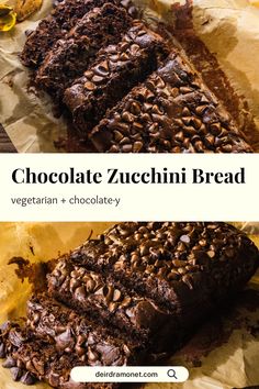 chocolate zucchini bread is cut in half and stacked on top of each other