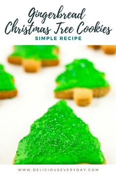 gingerbread christmas tree cookies with green frosting on top and text overlay that reads, gingerbread christmas tree cookies simple recipe