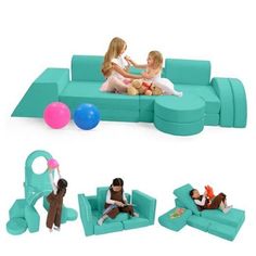 two children sitting on a blue couch with balloons