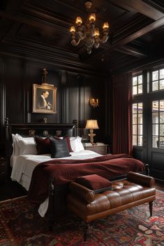 a large bed sitting in the middle of a bedroom next to a window with curtains