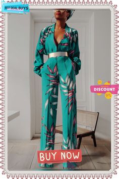 Floral Elegant Regular Fit Jumpsuit & Romper Chic Green Floral Print Sets, Chic Green Long Sleeve Jumpsuits And Rompers, Floral Print Long Sleeve Jumpsuits And Rompers For Party, Chic Green Printed Jumpsuits And Rompers, Elegant Long Sleeve Printed Jumpsuits And Rompers, Green Floral Print Jumpsuits And Rompers For Party, Fitted Jumpsuit, Jumpsuits And Romper, Jumpsuit Fashion