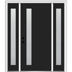 a black door with white trim and two sidelights