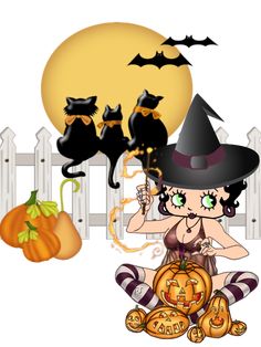 a cartoon witch sitting on the ground with her pumpkins and black cats behind her